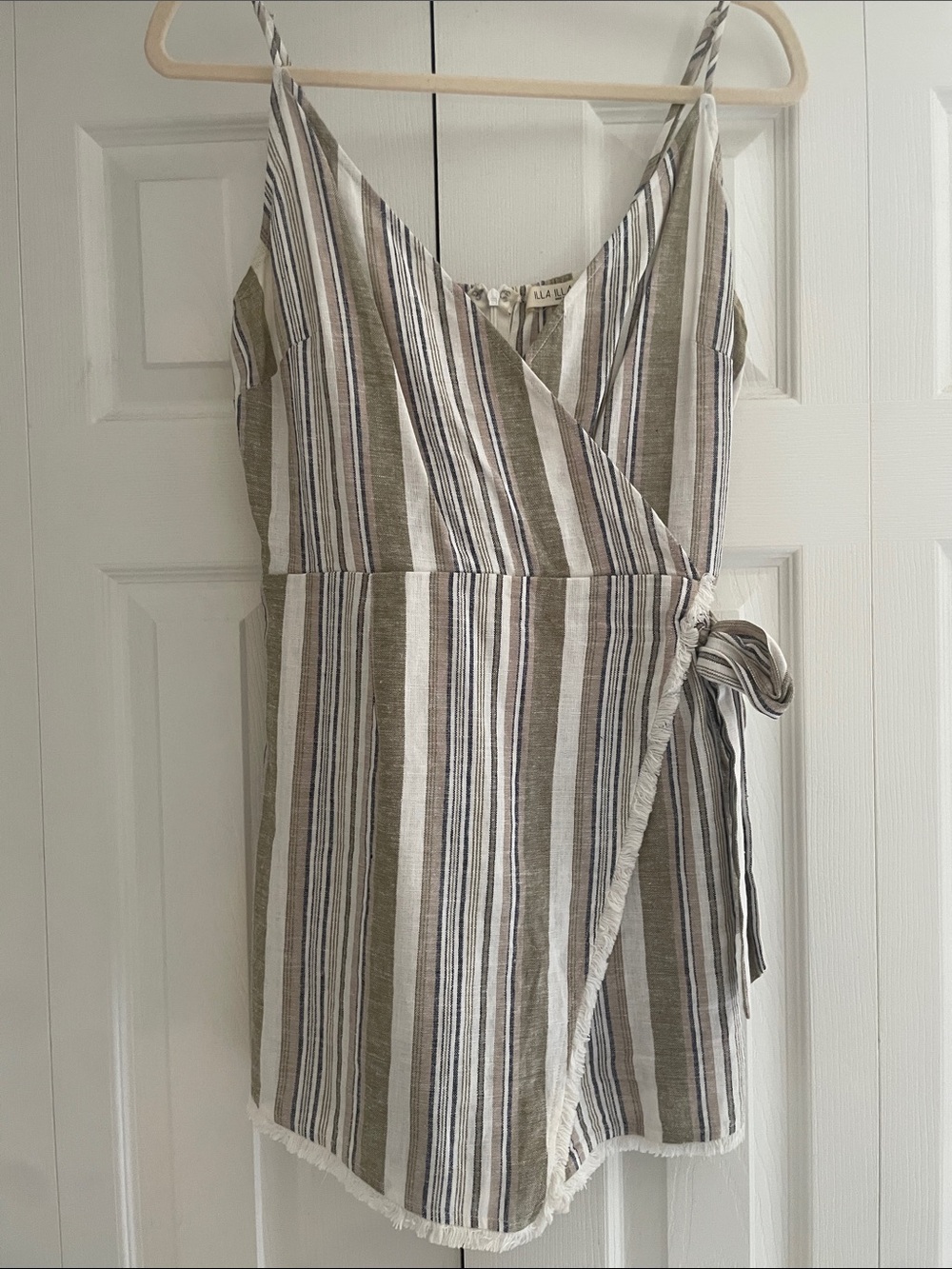 Olive, White & Navy Striped Linen Wrap Summer Romper